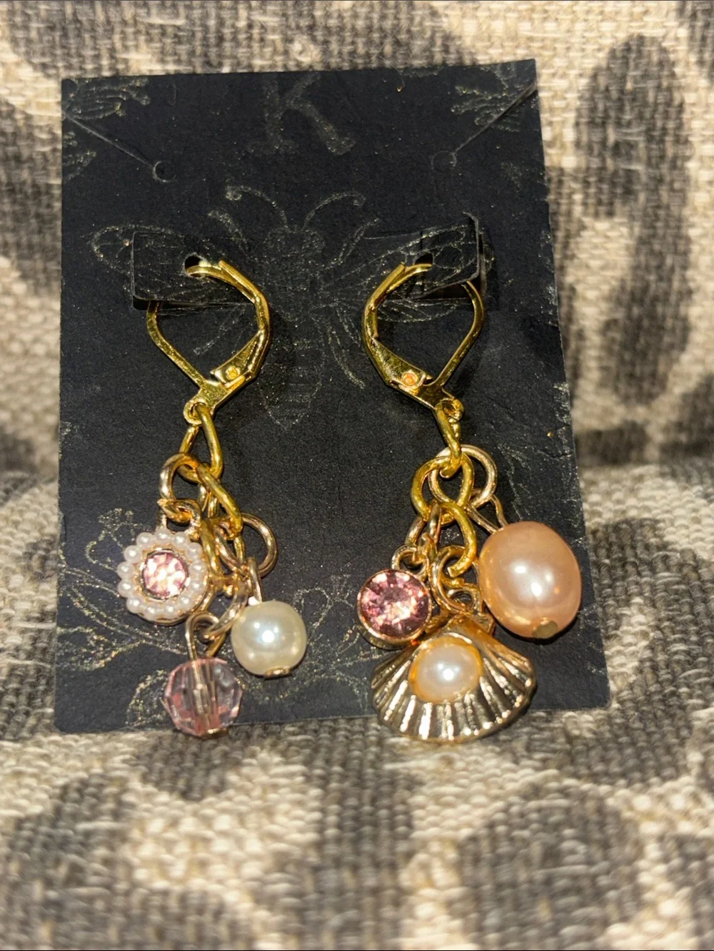KB coastal dangle earring beachy resort gold tone pink gemstone pearl accent
